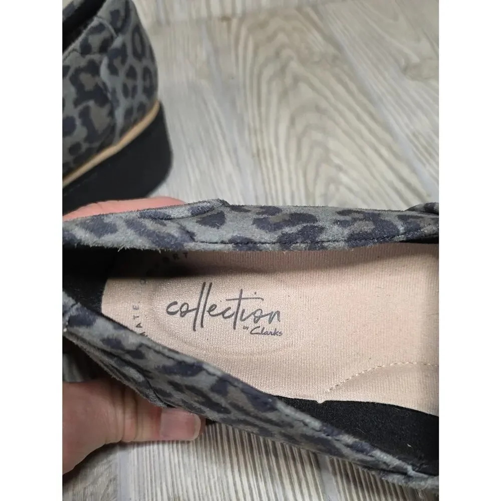 Clarks Sharon Form Grey Leopard Print Loafers Womens Size 8